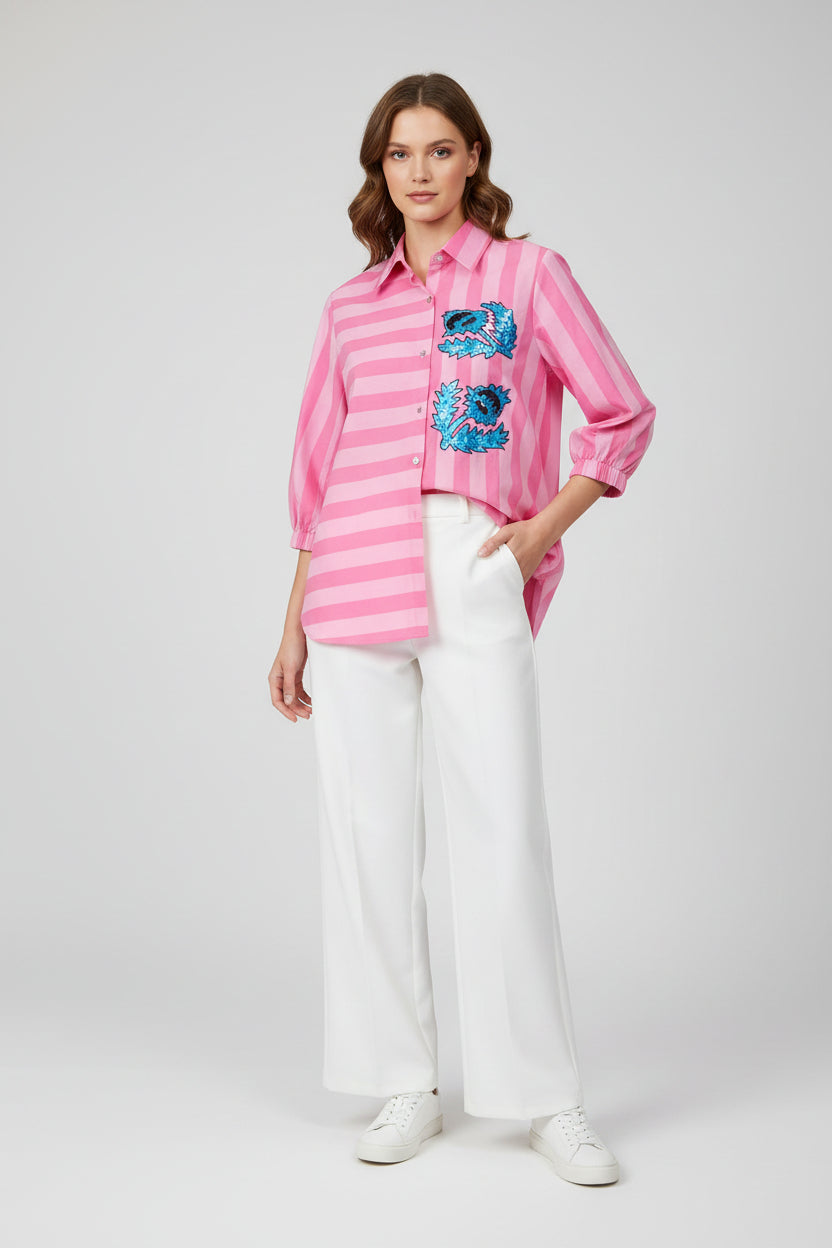 Striped Pink Embroidery Cotton Shirt