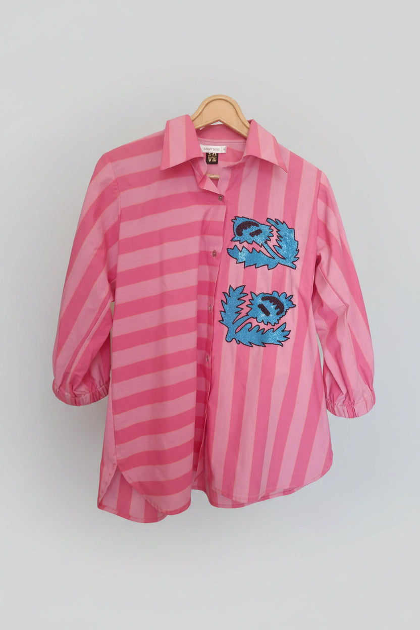 Striped Pink Embroidery Cotton Shirt